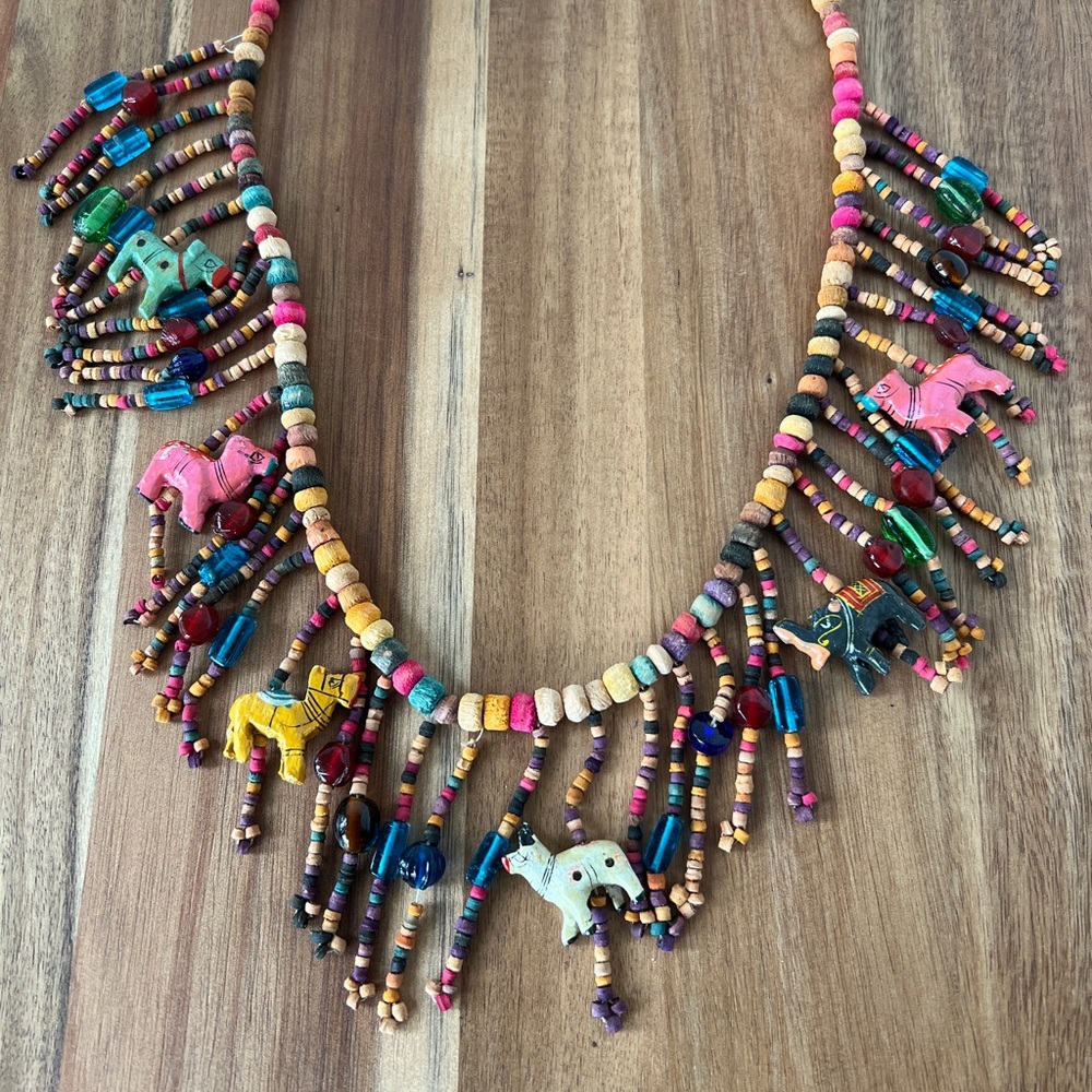 Vintage hand crafted wood bead  folk art necklace